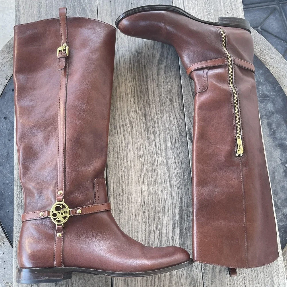 Coach Mulan‎ Tall Riding Boots Women 7B Brown Leather Logo Harness Equestrian